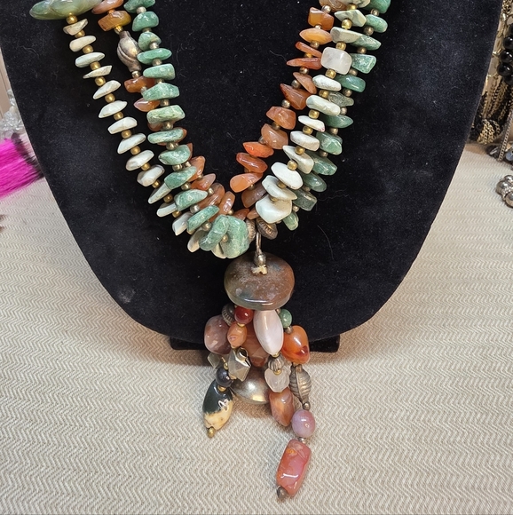 STONE Chunky Statement Necklace. Ocean Jasper, Carnelian Green Adventurine VTG - Picture 3 of 12